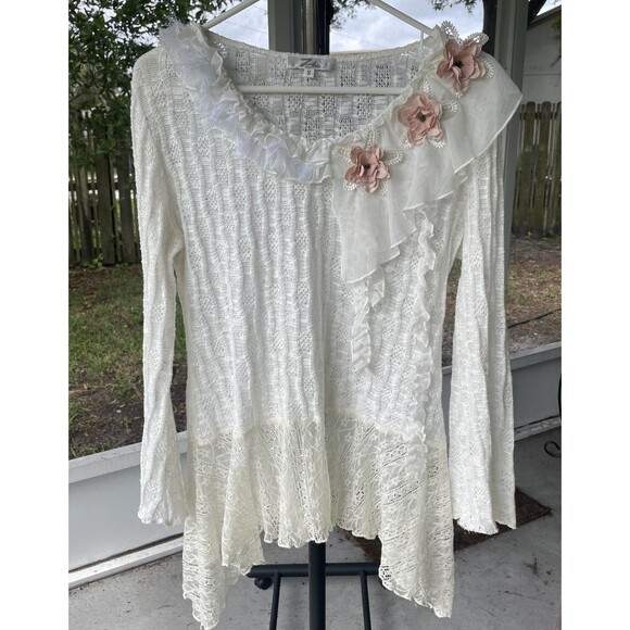 Zba Sz M Y2K white sweater bell sleeve soft girl ballet flower applique pastel - Picture 6 of 10